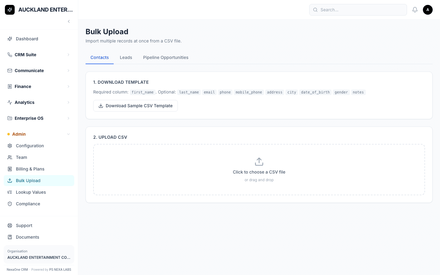 The Bulk Upload screen with tabs for Contacts, Leads and Pipeline Opportunities