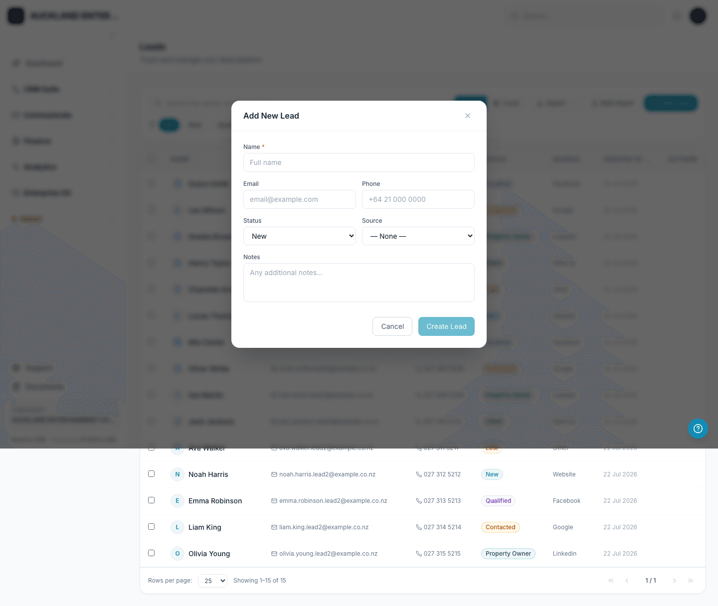 The Add Lead form for adding a single person one at a time