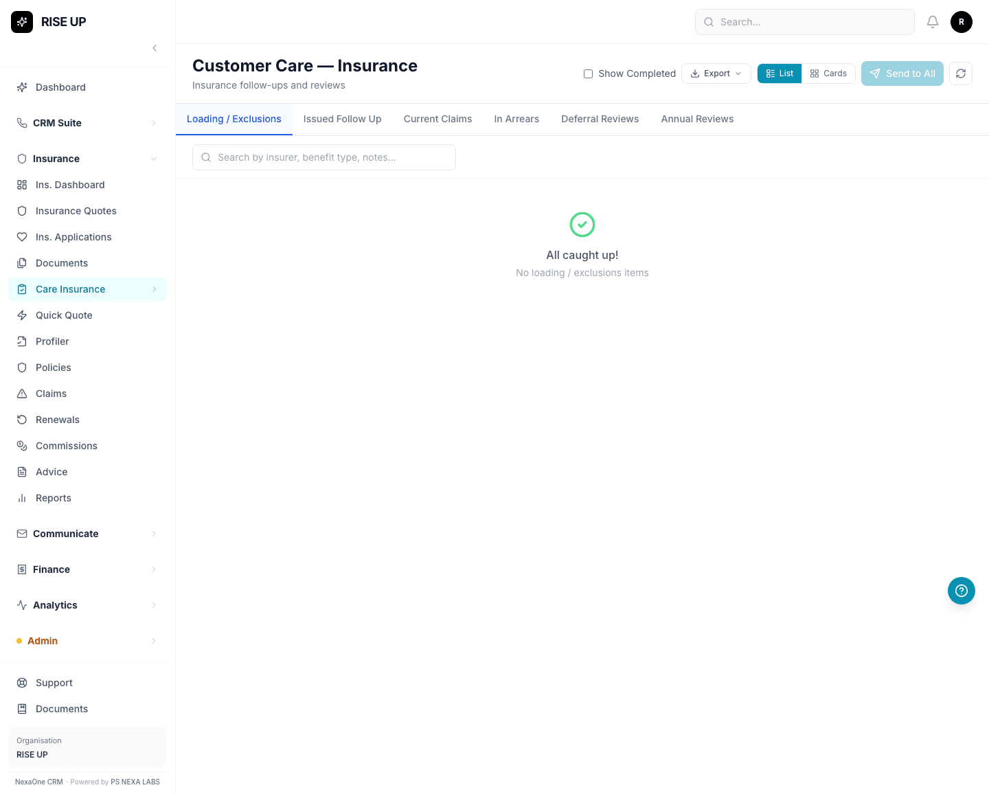 The Follow-Ups screen for insurance clients, showing tabs for claims and annual reviews