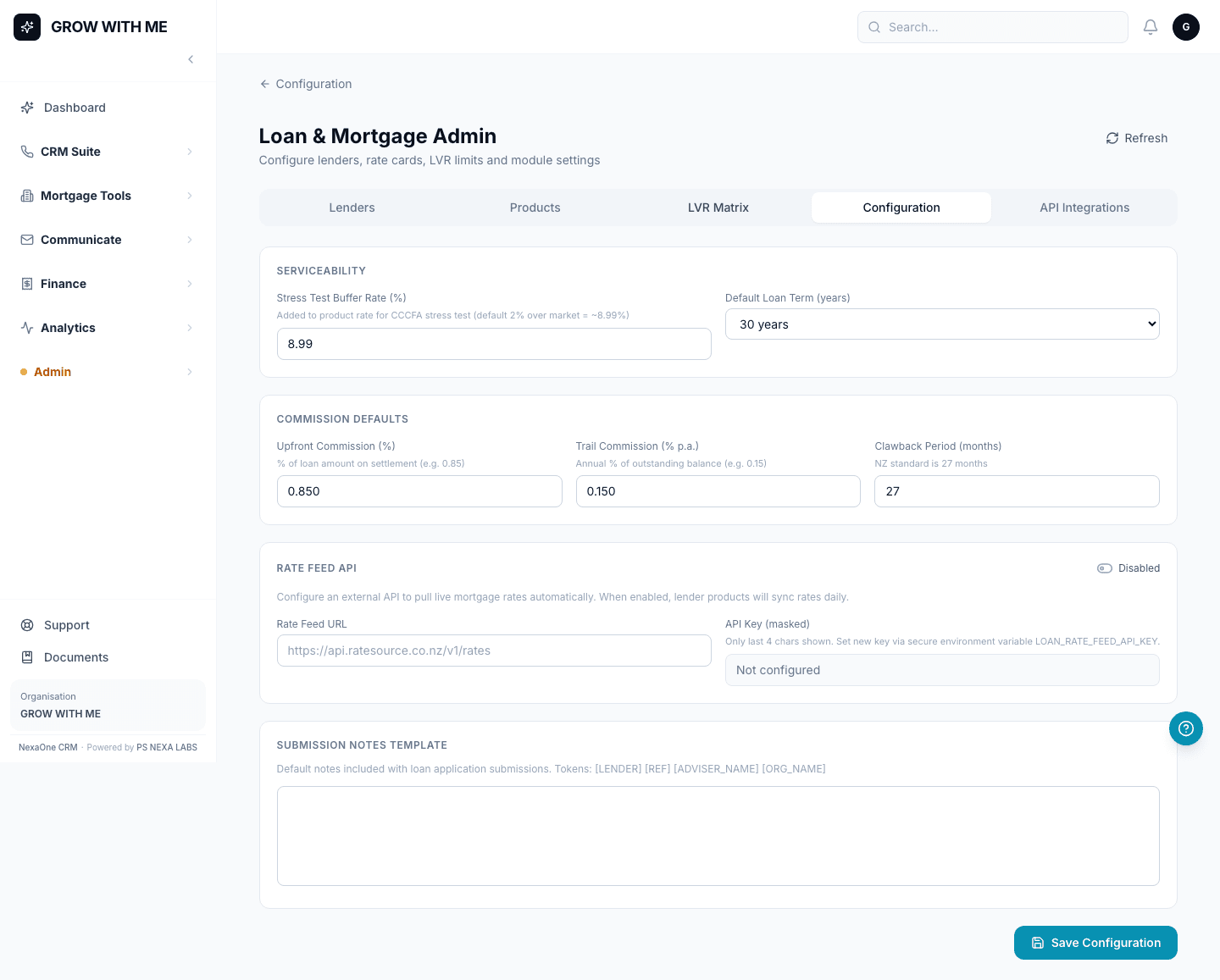 Loan Admin — Configuration tab showing an organisation's default settings