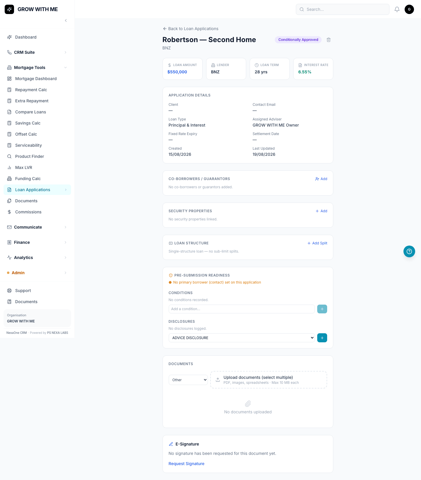 A single loan application's detail page, showing loan details, conditions and attached documents